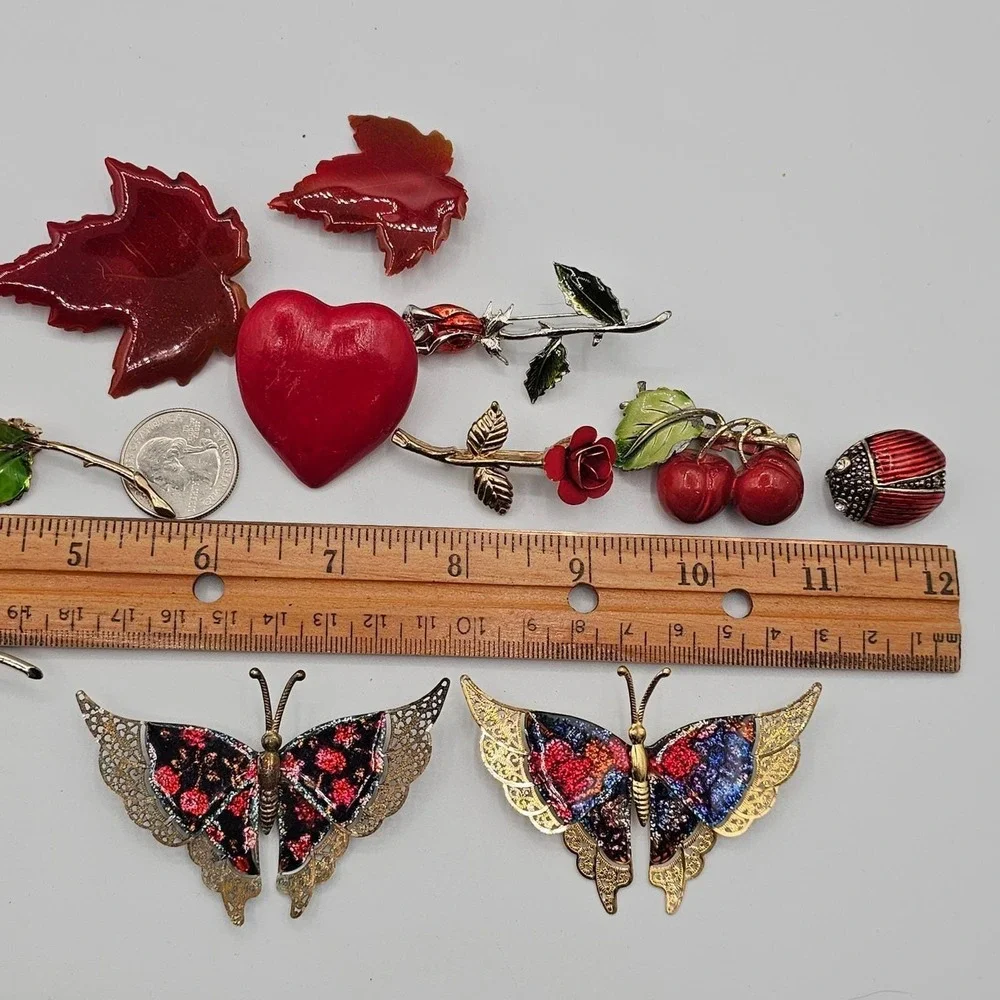 Red Brooch‎ Lot Enamel Floral Butterfly Heart Cherry Ladybug Nature
